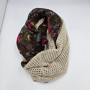 Sakroots Infinity Scarf‎ Birds Nature Peace Print Beige Crochet Trim One Size